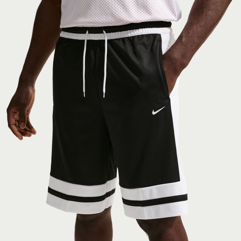 Black basketball shorts with white side stripe, drawstring, and Nike logo