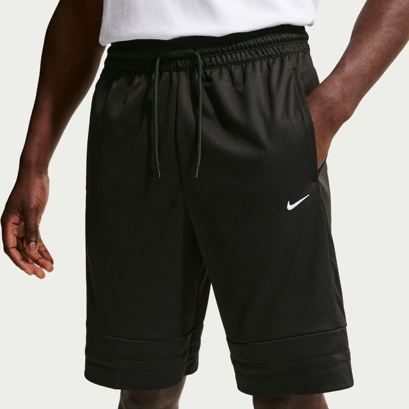 Men's black 10-inch athletic shorts with elastic waist and drawstring, Nike logo