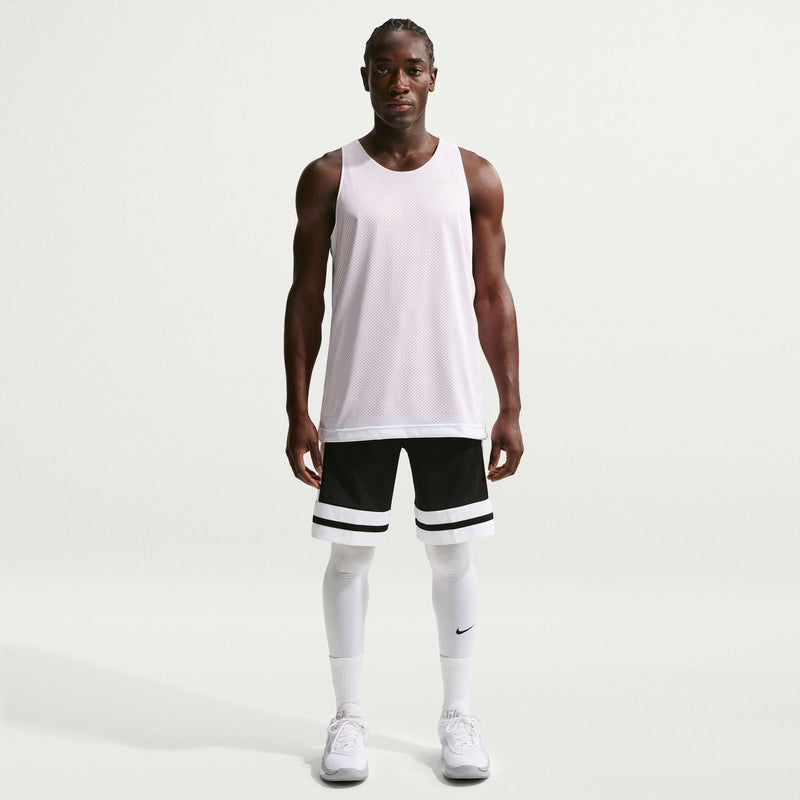 Men's black and white basketball shorts with drawstring waistband and hem stripe