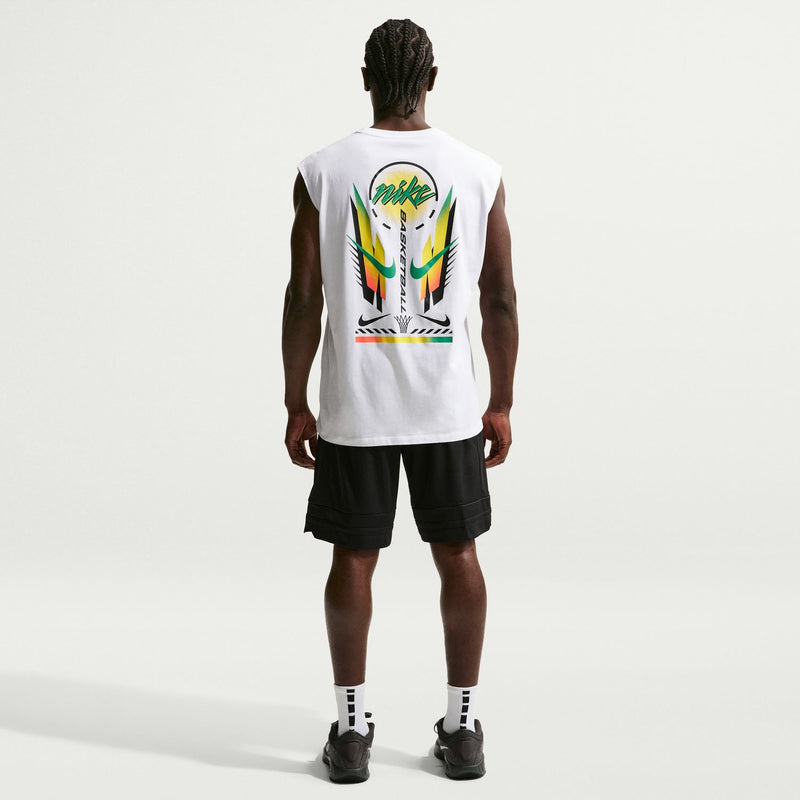 Men's black 10-inch athletic shorts, back view, drawstring waist