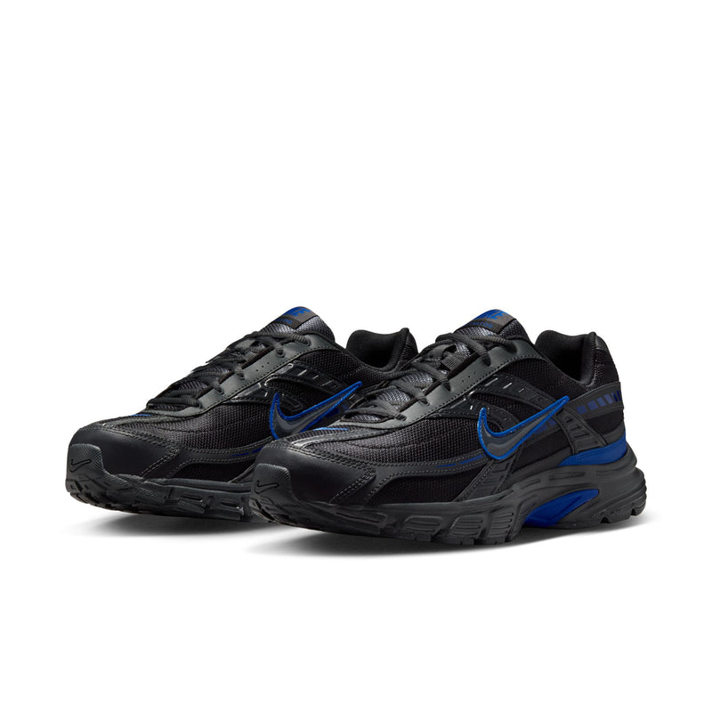 Men's black running shoes, angled pair view, blue logos and thick molded rubber sole