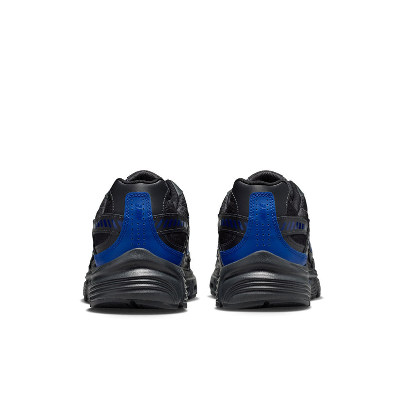 Men's black running shoes with blue heel panels, rear view and cushioned collar
