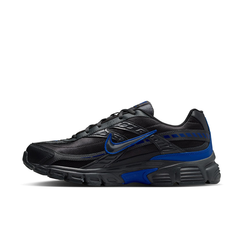 Men's black running shoes with blue swoosh, vented panels, lace-up design