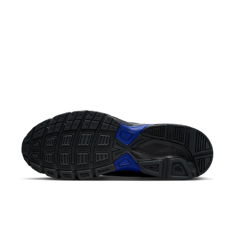 Men's shoe outsole, black rubber tread with blue traction pods