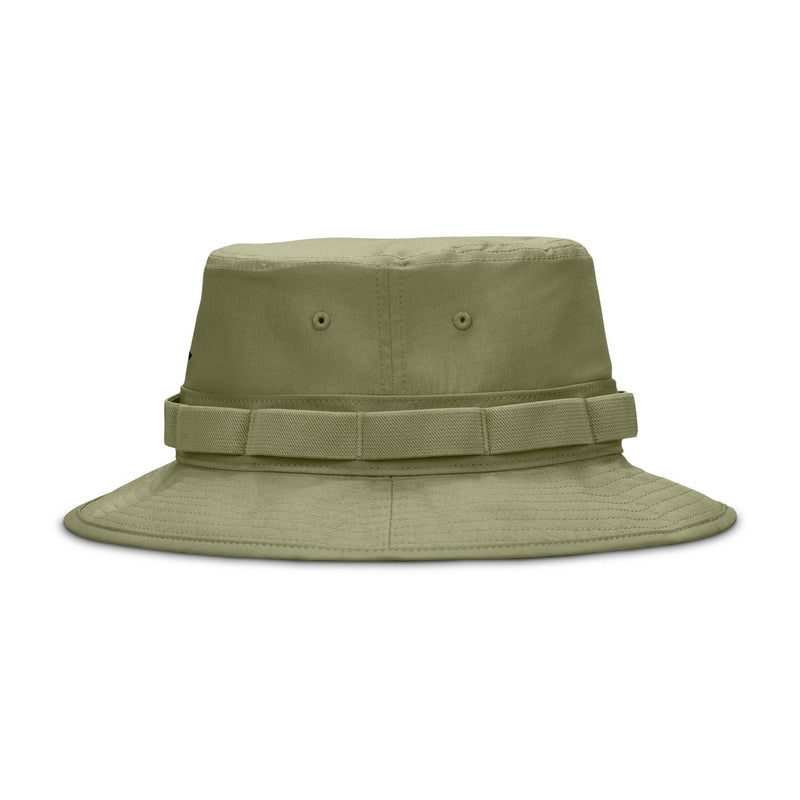 Olive green bucket hat with wide brim and front panel eyelets