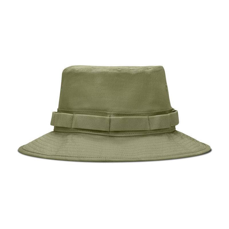 Olive green bucket hat with wide brim and stitched crown seam