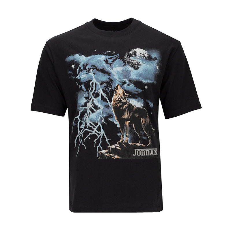 Men's dark T-shirt with wolf and moon graphic on front