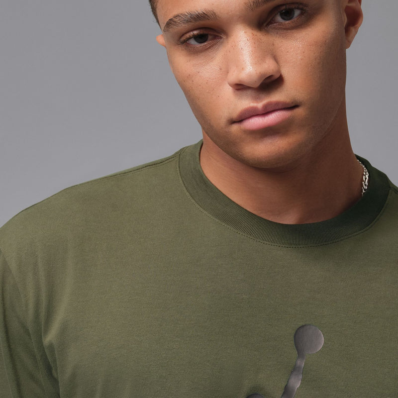 Olive green crew T-shirt with Jumpman logo near left chest