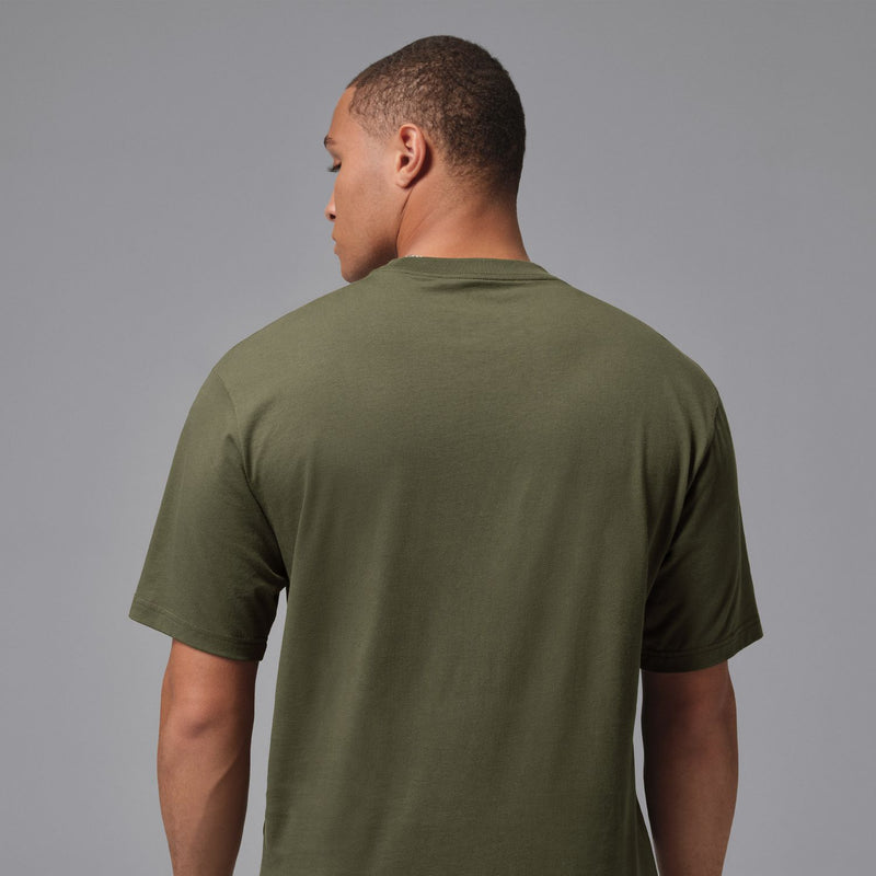 Olive green crew T-shirt back view, short sleeves
