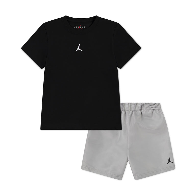 Kids' two-piece play set: black tee with white Jumpman, light gray elastic-waist shorts