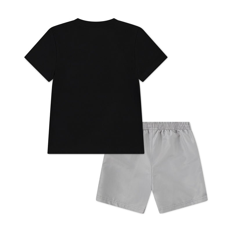 Kids' two-piece play set: plain black back tee with light gray elastic-waist shorts