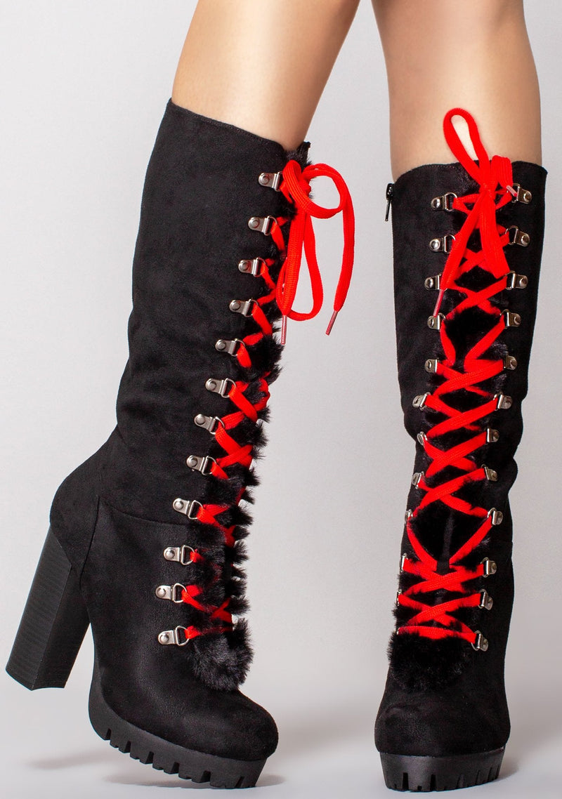 Black Lace Up Heel Platform Boots - Vallarta05