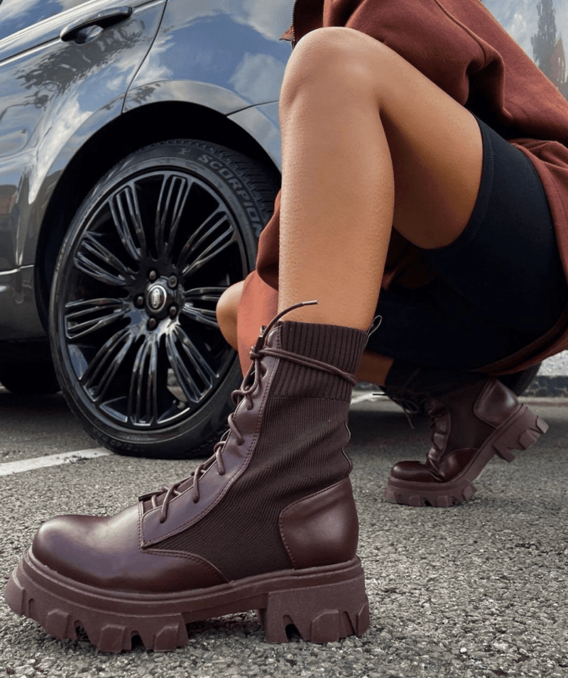 Lemonade Recruit Lace Up Knitted Chunky Sole Ankle Biker Boots