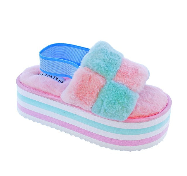 Liliana Christy-1 Faux Fur Color Patch Platform Sandals