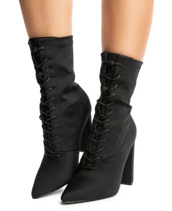 Liliana Flashy-3 Pointed Toe Lace Up Chunky Heel Bootie