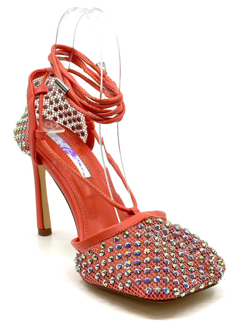 Liliana Lover-1 Square Toe Mesh Lace Up Strappy Sexy Sandals Rhinestone
