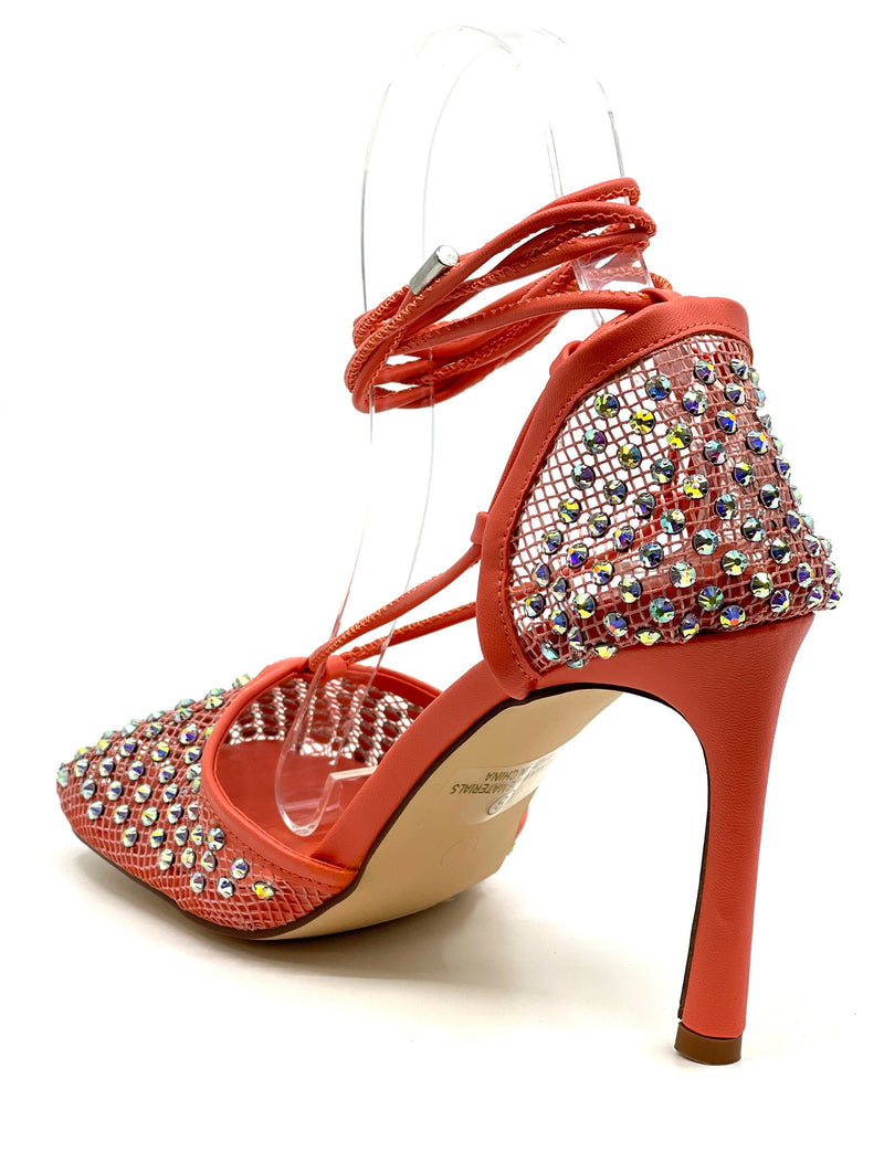 Liliana Lover-1 Square Toe Mesh Lace Up Strappy Sexy Sandals Rhinestone
