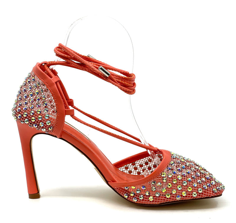 Liliana Lover-1 Square Toe Mesh Lace Up Strappy Sexy Sandals Rhinestone