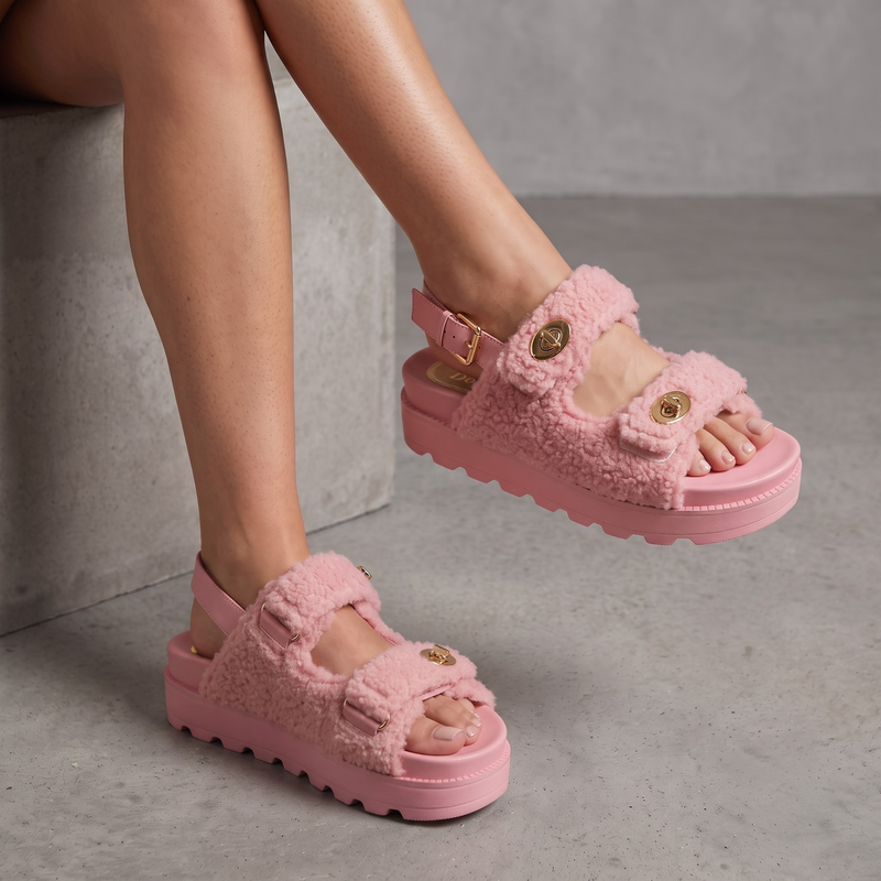 Liliana Montana-3 Faux Shearling Fur Sandals With Buckle Design