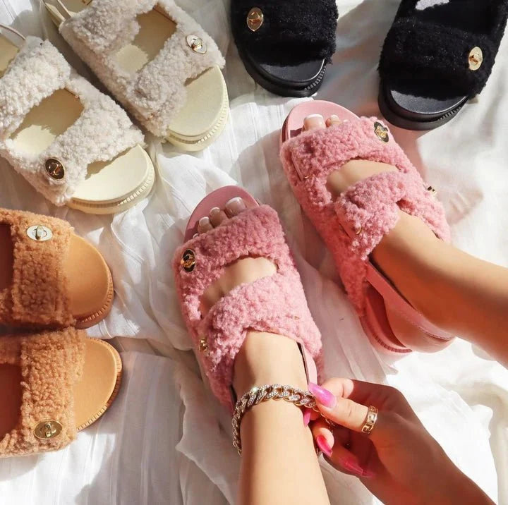 Liliana Montana-3 Faux Shearling Fur Sandals With Buckle Design