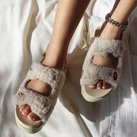 Liliana Montana-3 Faux Shearling Fur Sandals With Buckle Design