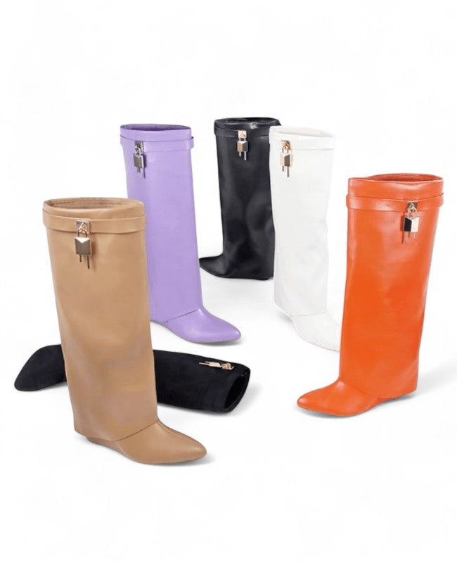 Liliana Mutto-1 Padlock Detail Wedge Knee High Boots