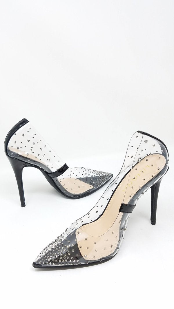 Liliana Rhinestone Transparent Slip On Stiletto Pump Heels
