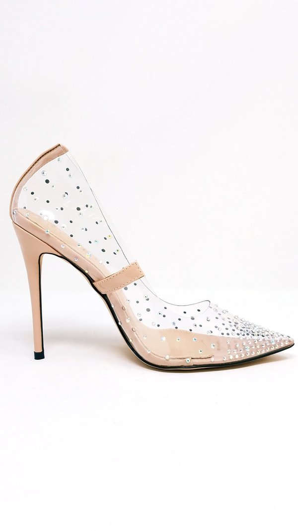 Liliana Rhinestone Transparent Slip On Stiletto Pump Heels