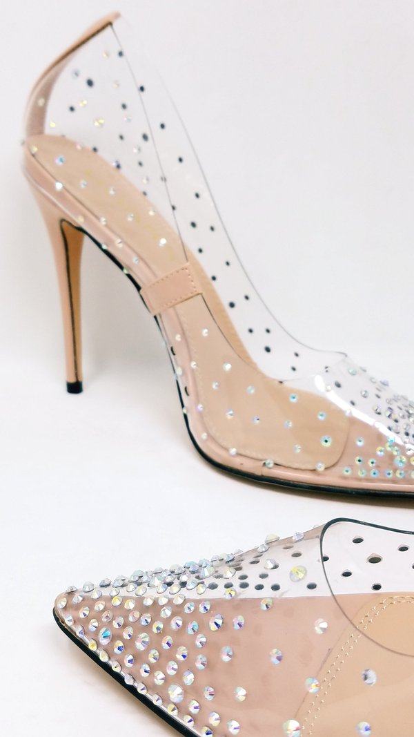 Liliana Rhinestone Transparent Slip On Stiletto Pump Heels
