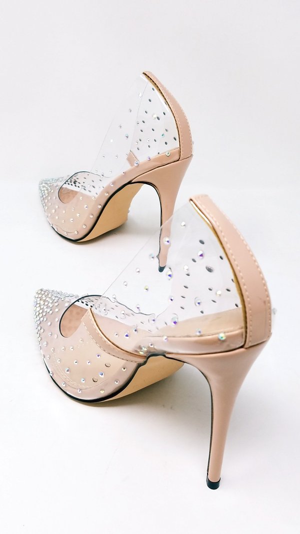 Liliana Rhinestone Transparent Slip On Stiletto Pump Heels