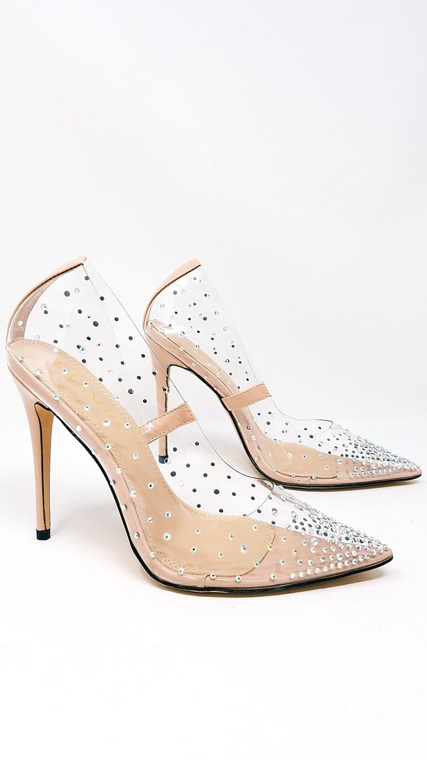 Liliana Rhinestone Transparent Slip On Stiletto Pump Heels