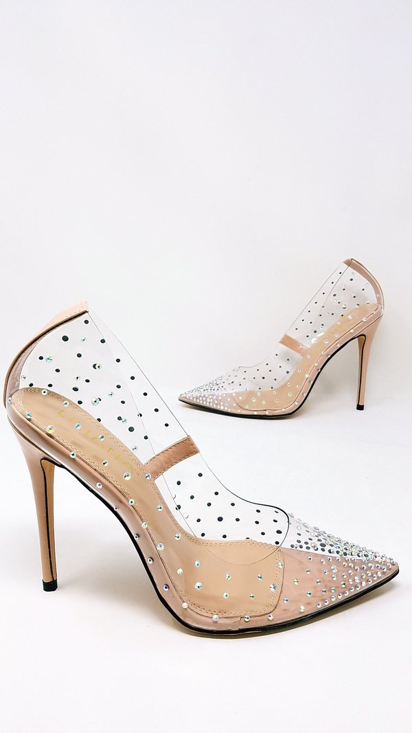 Liliana Rhinestone Transparent Slip On Stiletto Pump Heels