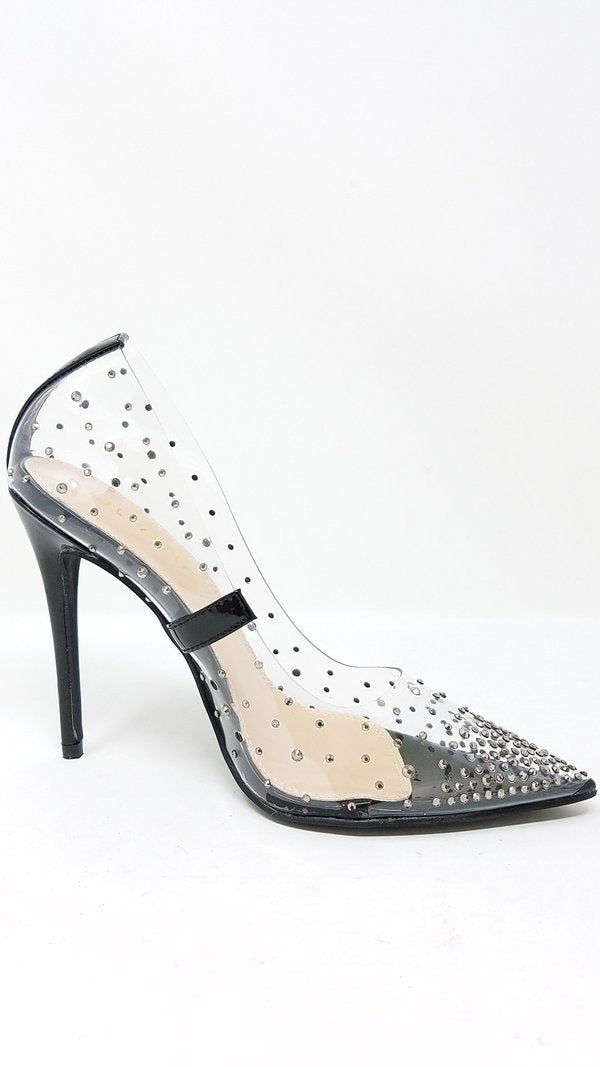 Liliana Rhinestone Transparent Slip On Stiletto Pump Heels