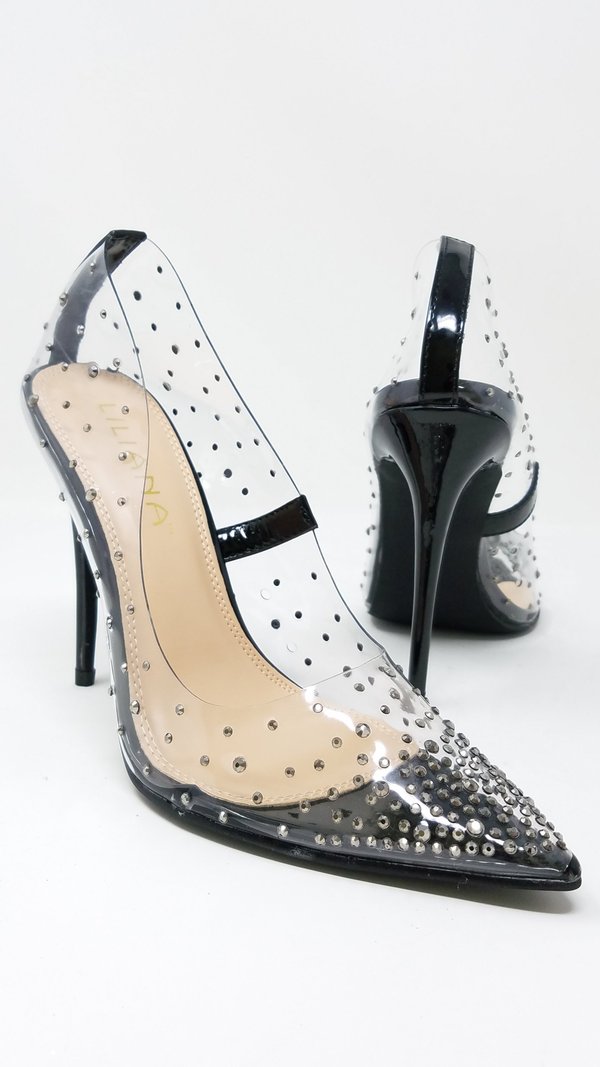 Liliana Rhinestone Transparent Slip On Stiletto Pump Heels