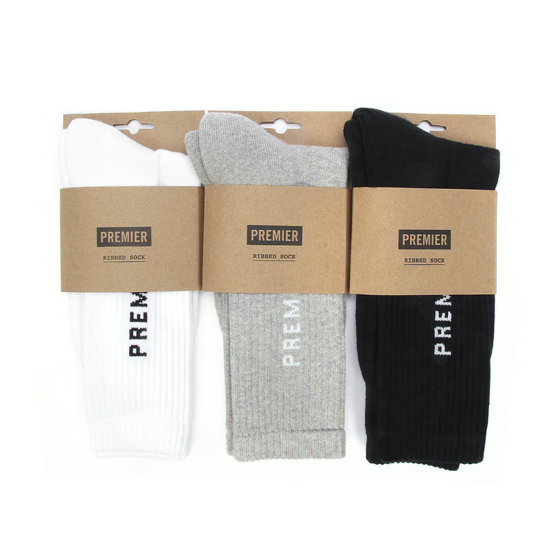 Premier Logo Crew Sock 3 Pack Black, White, and Grey