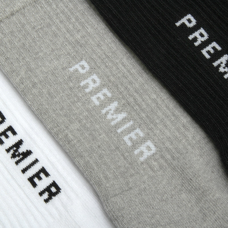 Premier Logo Crew Sock 3 Pack Black, White, and Grey