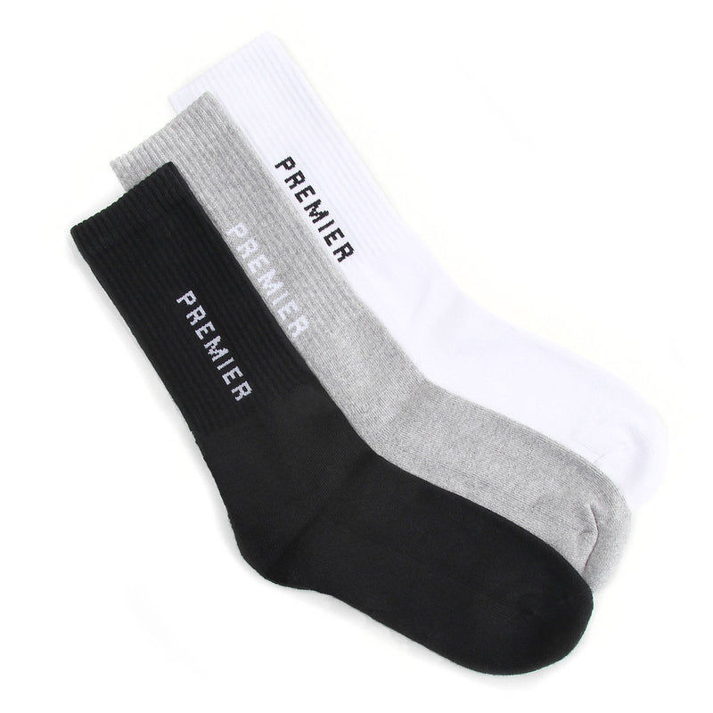 Premier Logo Crew Sock 3 Pack Black, White, and Grey