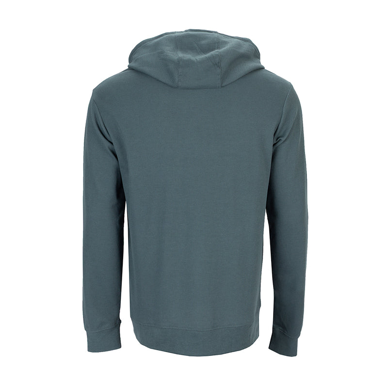 Mens long sleeve thermal hoody back, dark blue-gray hood and long sleeves