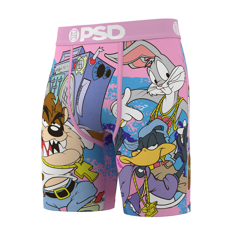 Men's boxer briefs in pink with cartoon character print and PSD logo waistband, side view