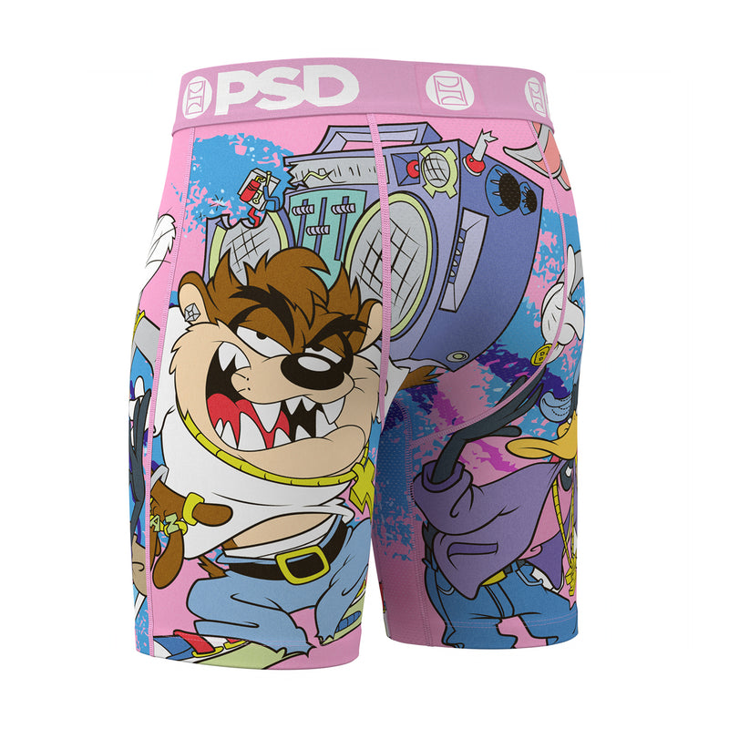 Men's boxer briefs in pink with bold character artwork and PSD waistband logo, front view