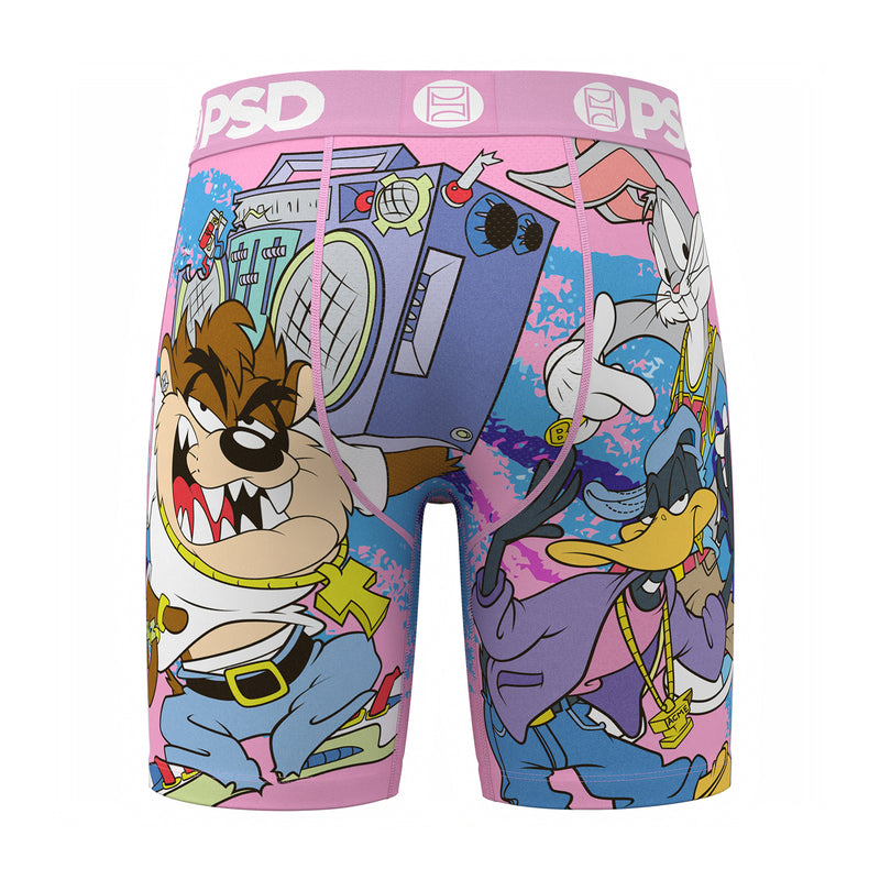 Men's boxer briefs with pink cartoon character print and PSD logo waistband, wider front shot