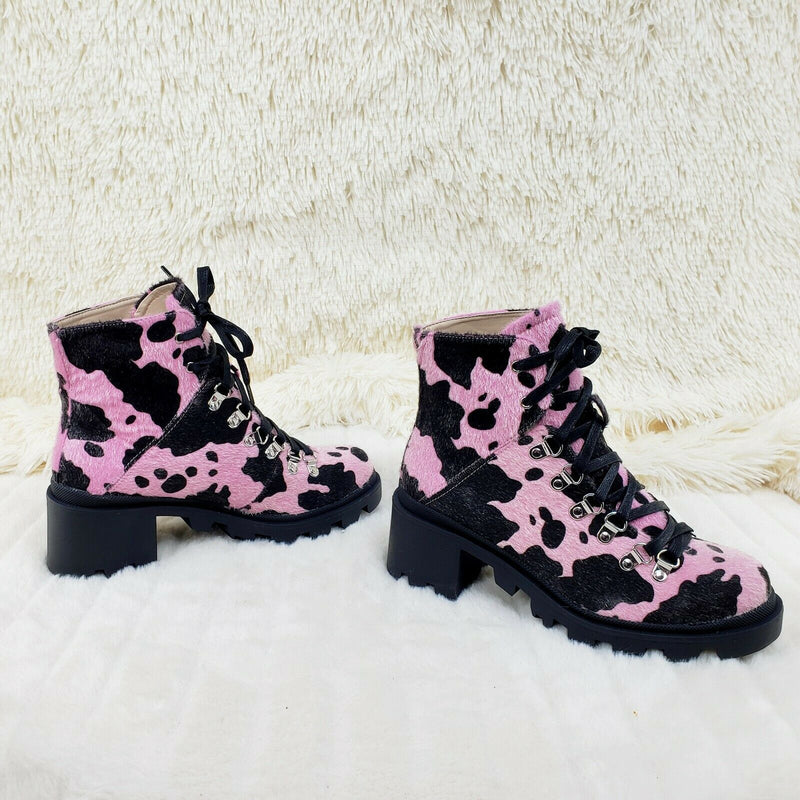 Mata Shoes Kick Lace Up Lug Sole Combat Ankle Boots Faux Fur Pink Cow Print