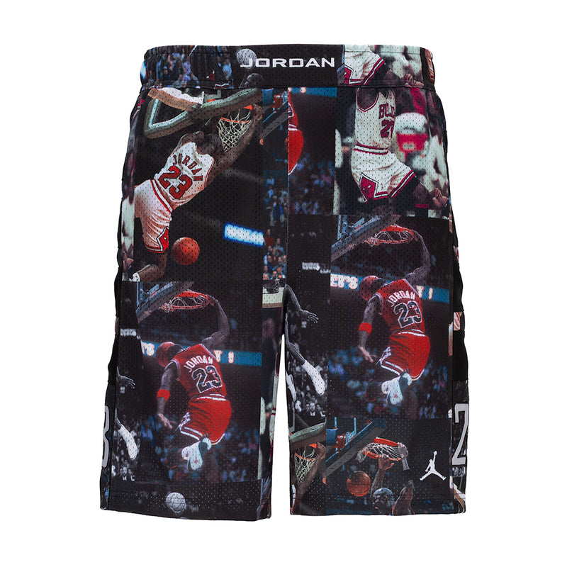 Black mesh basketball print shorts with elastic waistband and logo at front