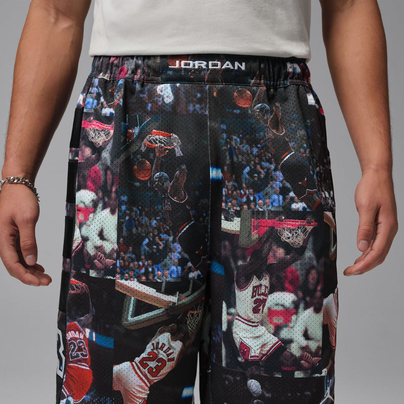 Black mesh basketball print shorts with elastic waistband and drawstring