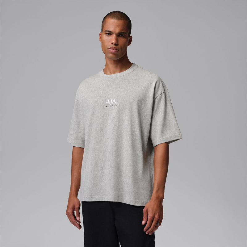 Grey heather oversized crewneck T-shirt for men with small chest graphic