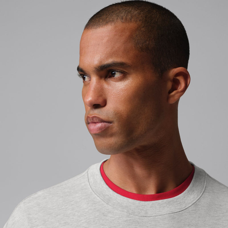 Grey heather crewneck T-shirt with red-trimmed neckline, logo graphic at chest