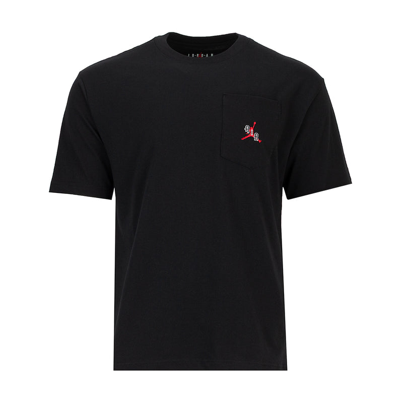 Men's black crewneck T-shirt with chest pocket and small red/white logo