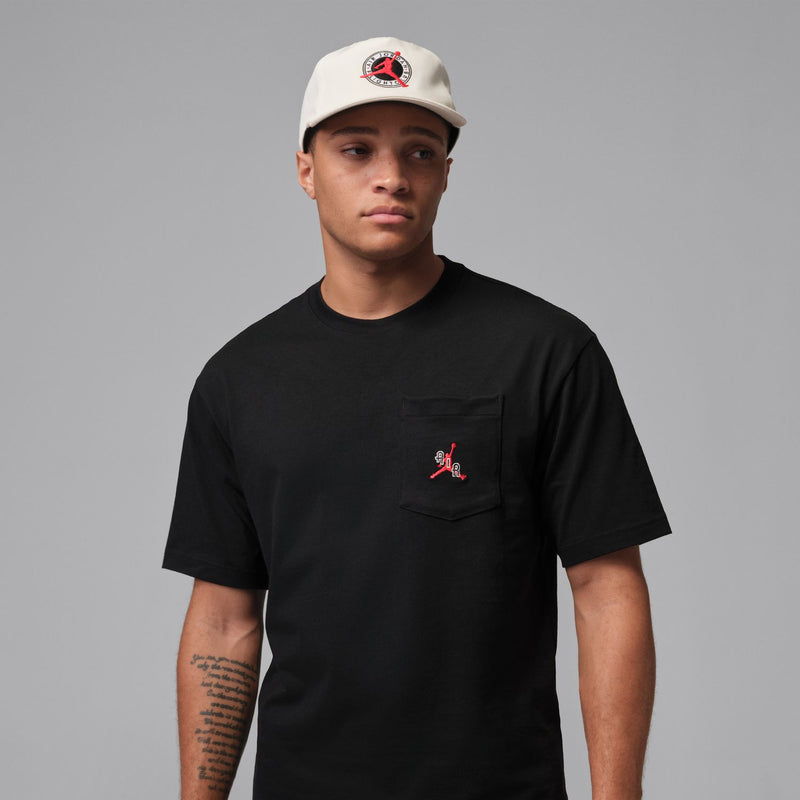 Men's black crewneck T-shirt with chest pocket logo on the left side