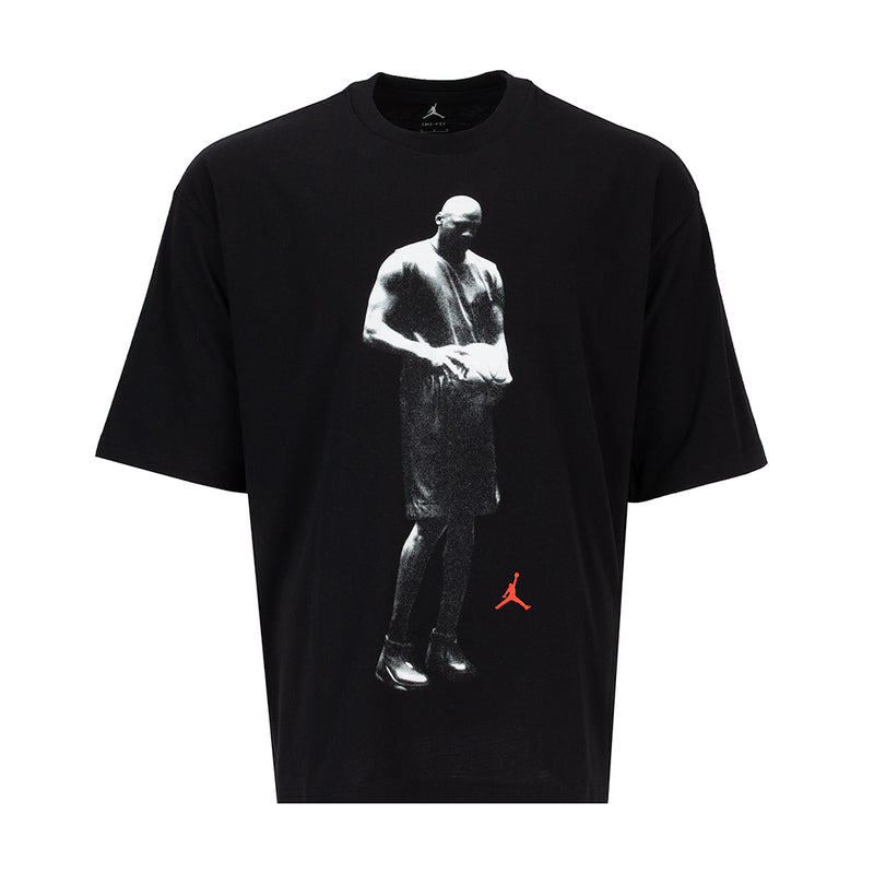 Men's black crewneck T-shirt with white athlete graphic and red Jumpman logo