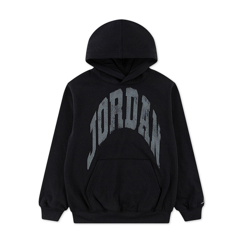 Youth black fleece pullover hoodie with large 'JORDAN' front graphic